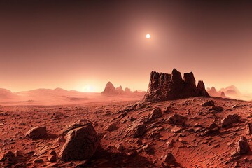 Wall Mural - Mars, martian landscape, panorama of Mars, alien landscape, mars at sunrise, 