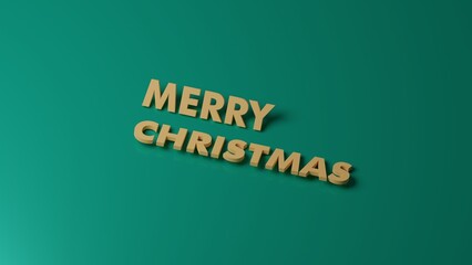 minimalistic strict text Merry Christmas yellow-gold color on a green background. with shadows and reflections. 3d render