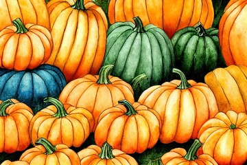 Canvas Print - Hand drawn pumpkin watercolor . Hand drawn illustration. Ripe orange, green, yellow pumpkins elements. Farm organic autumn vegetables. White background