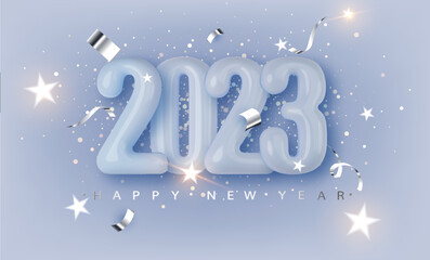 Wall Mural - Winter background wich 2023 3d Realistic blue glossy number and falling silver confetti. Greeting card. Vector 3d rendering