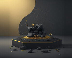 Poster - A dark gold pedestal, for the presentation of your products, an expensively decorated podium with gold stones. Rock cobblestone ruins and nuggets levitating. 3d illustration