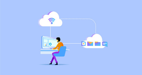 Cloud and internet connectivity. Internet technology and communication concept. Internet of things vector illustration. Person working with multimedia.