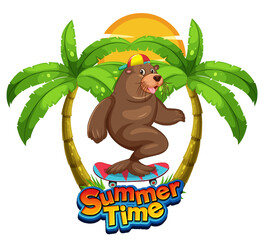 Sticker - Sea lion cartoon character with summer time word