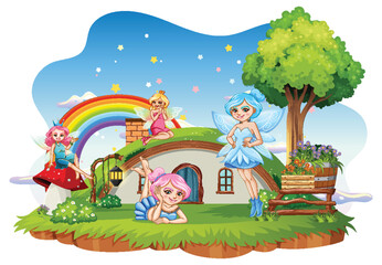 Wall Mural - Fairies at hobbit house on white background