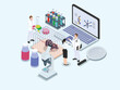 Animal experiment vector concept: Group of researcher using mouse for their experiment