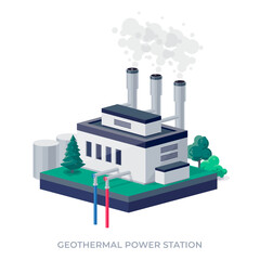 Wall Mural - Geothermal clean power plant station building factory. Renewable sustainable earth heat steam turbine energy generation with drill and city skyline. Isolated vector illustration on white background.