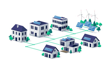 Wall Mural - Residential city town buildings connected to renewable solar wind power generation stations. Photovoltaic panels on house roof. Green smart cloud management sustainable electricity grid system. 