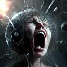 Screaming Woman With Shattered Glass Sphere On The Head. Ai Generated Illustration