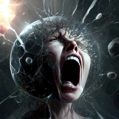 Screaming woman with shattered glass sphere on the head. Ai generated illustration