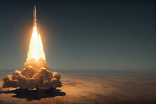 Space Rocket Launch. Beautiful Illustration Generated By Ai, Is Not Based On Any Specific Real Image