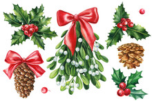 Mistletoe, Holly Branches, Pine Cones Isolated On White Background. Hand Drawn Watercolor Set.
