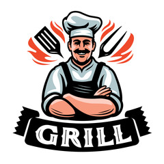 Wall Mural - Happy Chef in workwear with fork and spatula for cooking and serving barbecue. Grill cook wearing grilling apron emblem