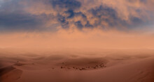Sand Dunes And Sand Storm In The Sahara Desert - Hot And Dry Desert Landscape
