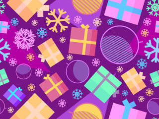 Christmas seamless pattern with geometric Christmas balls, snowflakes and 3d gift boxes. Xmas design for printing on promotional material, wrapping paper and banner. Vector illustration