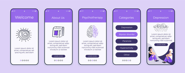Set of UI, UX screens for mobile app about psychology. Solving mental problems: depression, bipolar disorder, hyperactivity, paranoia. Walkthrough website steps. Mental health.