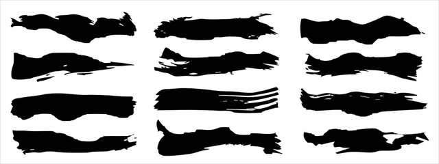 Wall Mural - Vector collection of artistic grungy black paint hand made creative brush stroke set isolated on banner background. A group of abstract grunge sketches for design education or graphic art decoration