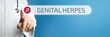 © MQ-Illustrations - Genital herpes (herpes simplex virus). Doctor in smock points with his finger to a search box. The term is in focus. Symbol for illness, health, medicine