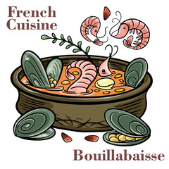 Wall Mural - Freshly cooked seafood bouillabaisse soup with shrimps, fish fillets and mussels closeup in a bowl.