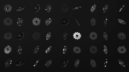 engine gears wheels slowly rotating dark metallic gears. Iron clockwork machinery in motion. Industrial metallic construction. Symbol of teamwork. perfect for business related purposes. 3d rendering