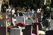 Polski cmentarz w czasie święta zmarłych odwiedzają starsi ludzie.