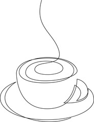 Wall Mural - Cup of coffee with steam on plate continuous line drawing.