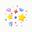 3D Party confetti with star and serpentine ribbon. Birthday surprise. Festive decoration elements for poster or banner.
