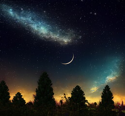 Wall Mural - Starry sky  nebula on night  and dark forest plant and tree moon and  Aurora  light flares nature landscape wonderland 