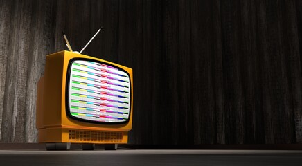 Wall Mural - Retro television set, wooden walls and floor - 3D illustration