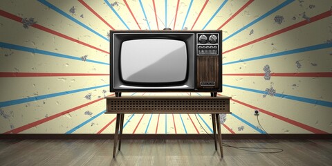 Wall Mural - Retro television set, burst wallpaper on cracked wall - 3D illustration