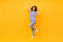 Full Size Photo Of Excited Delighted Person Raise Fists Celebrate Achievement Isolated On Yellow Color Background