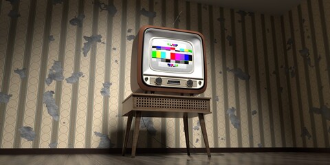 Wall Mural - Retro television set, wallpaper with vertical stripes on cracked wall - 3D illustration