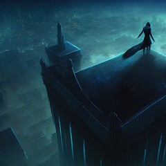 Wall Mural - A mysterious hooded figure stands on a tall tower, looking down at the city below. Fantasy illustration.