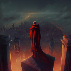 Wall Mural - A mysterious hooded figure stands on a tall tower, looking down at the city below. Fantasy illustration.