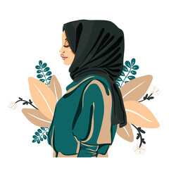 Cartoon flat portrait of Beautiful woman in dark hijab. Elegant of a young muslim female's profile. Arabian culture.