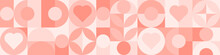Seamless Pink Background For Mother's Day Card Template. Trendy Geometric Shapes With Circles, Squares And Hearts In Retro Style For A Valentine's Day Or Wedding Day Cover.