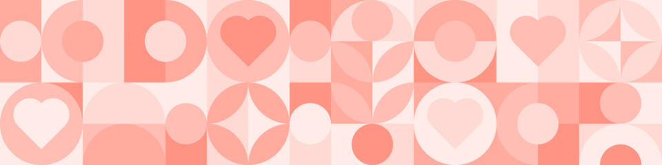 Wall Mural - Seamless pink background for Mother's Day card template. Trendy geometric shapes with circles, squares and hearts in retro style for a Valentine's Day or wedding day cover.