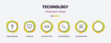 Technology Infographic Template With Icons And 6 Step Or Option. Technology Icons Such As Radio Microphone, Hd Monitor, Battery With Two Bars, Basic Microphone, Telephone Receiver, Robot Insect