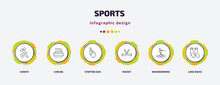 Sports Infographic Template With Icons And 6 Step Or Option. Sports Icons Such As Karate, Curling, Starting Gun, Hockey, Wakeboarding, Long Socks Vector. Can Be Used For Banner, Info Graph, Web,