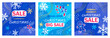 Set of square posters with Christmas discounts in sky blue color. Covers with snowflakes, spots, holly berries, gingerbread man, caramel cane. Festive template for social media, banner, card. Vector.