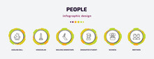 People Infographic Template With Icons And 6 Step Or Option. People Icons Such As Juggling Ball, Venezuelan, Walking Downstairs, Graduated Student, Sickness, Brothers Vector. Can Be Used For Banner,