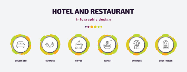 Wall Mural - hotel and restaurant infographic template with icons and 6 step or option. hotel and restaurant icons such as double bed, hammock, coffee, ramen, bathrobe, door hanger vector. can be used for