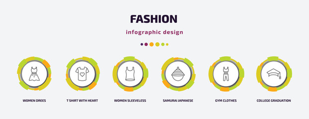 fashion infographic template with icons and 6 step or option. fashion icons such as women drees, t shirt with heart, women sleeveless shirt, samurai japanese hat, gym clothes, college graduation cap