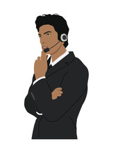 Handsome Businessman Customer Service Representative With Headset. IT Support Worker. Thinking Guy Wearing Office Formal Outfit. Cartoon Male Character Vector Realistic Illustration Isolated On White.