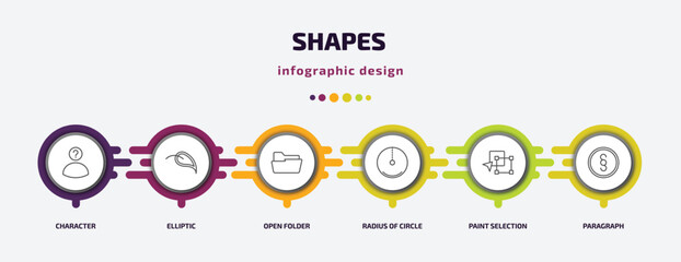 Wall Mural - shapes infographic template with icons and 6 step or option. shapes icons such as character, ellipti