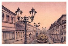 Watercolor Lamp Post, Street With Lamppost. A Tall Pole With A Light At The Top. A Street Light.