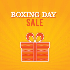 Poster - Boxing Day Sale Poster Design With Sticker Style Gift Box On Orange Rays Background.