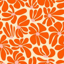Retro Groovy Flower Power Background. Vintage 1970s Floral Seamless Pattern. Hippie Fun Wallpaper. 1960s Vector Print For Fabric, Wrapping Paper, Stationery