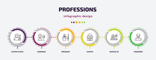 professions infographic template with icons and 6 step or option. professions icons such as guitar player, showman, president, hunter, graphic de, pensioner vector. can be used for banner, info