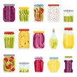 Glass jars with canned fruits and vegetables flat icons set. Thick sweet food. Conserved lemons, peppers, tomatoes, beans, cucumbers and sweet jam. Organic food. Color isolated illustrations
