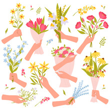 Hands With Flowers Flat Icons Set. Wildflowers Variations. Blossom Of Rose, Dogwood And Daffodil. Beautiful Colorful Presents. Color Isolated Illustrations